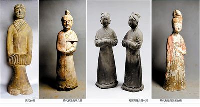 左起：汉代女俑、隋代长治批帛女俑、元黑陶侍女俑一对、明代彩绘高发髻女俑。